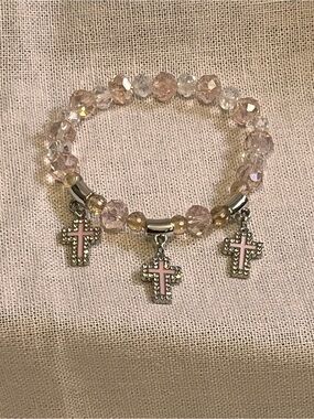 Pink Crystal Bead Stretch Bracelet with Cross Charms - Women Jewelry